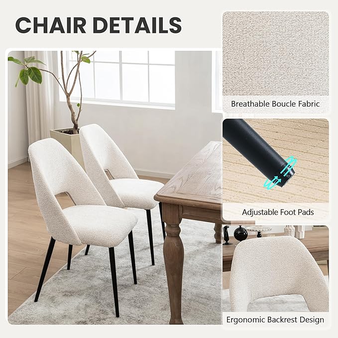 Rowill Dining Chairs Set of 2 Upholstered Dining Room Chairs Mid Century Modern Dining Chairs Kitchen Chairs Accent Chair with Metal Legs for Living Room Bedroom, Boucle Fabric Beige