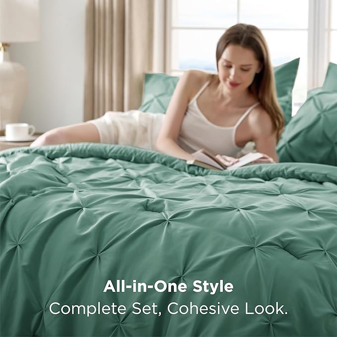 Bedsure Twin Comforter Set Graysih Green - Bed in a Bag Twin Size Bedding 5 Pieces, GentleSoft™ Pintuck Bed Set Gift for Family, Pinch Pleat Graysih Green Comforter with Sheets, Pillowcase & Sham