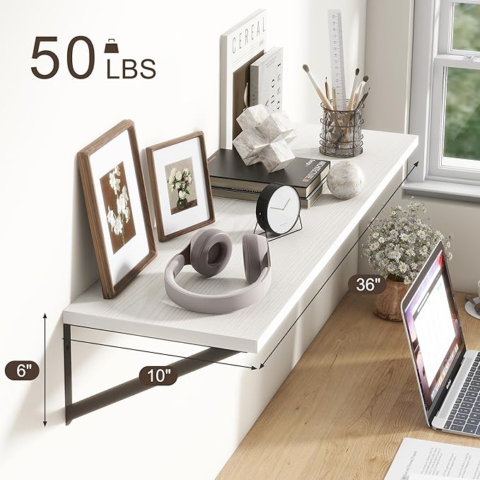 36"W x 10"D Floating Shelves, 10 Inch Deep White Floating Shelves, Farmhouse Rustic Deep Wall Shelves for Home Decor, Wide Large Floating Shelf for Bathroom, Living Room, Kitchen, Study Room