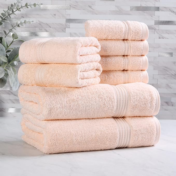 Superior Egyptian Cotton 8-Piece Towel Set, Assorted Towels for Home Bathroom, Guest Bath Decor Essentials, Includes 2 Bath, 4 Hand, 2 Face Towels/Washcloths, Quick Dry, Absorbent, Peach