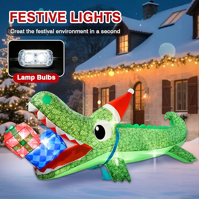 9.3 FT Christmas Inflatable Outdoor Decorations, Inflatables Christmas Crocodile Yard Decor with Christmas Hat & Gift Box, Built-in LED Lights Blow up Xmas Alligator for Outside Lawn Garden Indoor