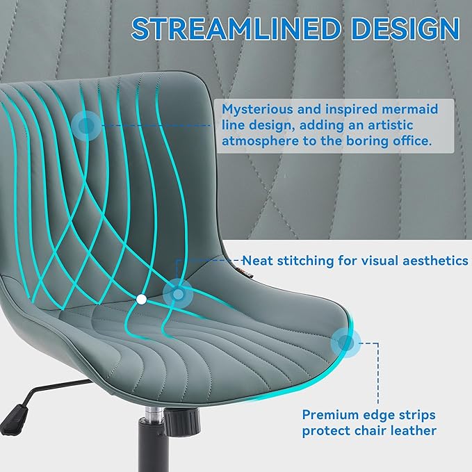 YOUNIKE Office Chair Armless Desk Chair with Wheels, Home Office Computer Task Chair, Modern Faux Leather Upholstered Vanity Chair, Adjustable Swivel Rolling Office Chairs, Slate Blue