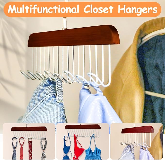 4Pcs Anti Slip Multi Hook Coat Racks,Bra Hangers for Closet Organizer with 8 Hooks 360 °Swivel Belt Hanger for Closet for Belt, Tie, Tank Top, Bra, Scarf (Brown)