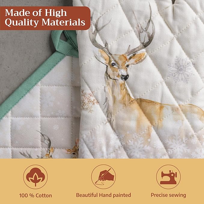 Maison d' Hermine 100% Cotton Oven Mitt & Pot Holder Set (7.5"x13" & 8"x8") Heat Resistant BBQ Cooking Gloves with Loop for Thanksgiving Christmas Decorations Handling Hot Pans (Deer in The Woods)