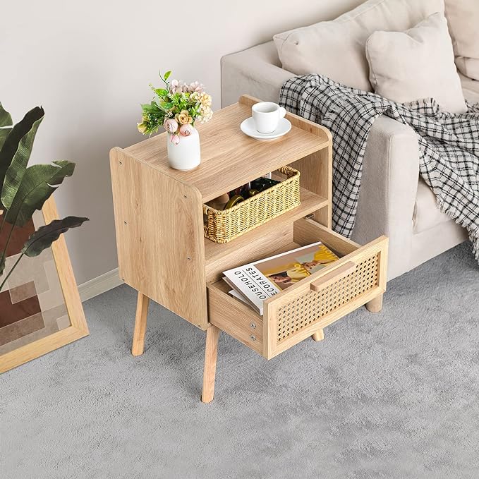 Lerliuo Rattan Nightstand, Boho Side Table with Drawer Open Shelf, Cane Accent Bedside End Table with Solid Wood Legs for Bedroom, Dorm and Small Spaces (Natural)