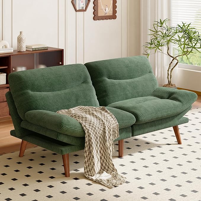 Amada 75" Convertible Futon Sofa Bed, Corduroy Folding Futon Set with Adjustable Backrest &Armrests, Recliner Lounge for Living Room, Apartment or Office, Solid Wood Frame, Loveseat Sofa -Forest Green