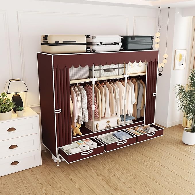 Portable Wardrobe Closet Durable and Easy to Assemble Heavy Duty Clothes Rack with Non-Woven Cover Fabric Best for Bedroom and Easy Storage and Organization (Red-A)