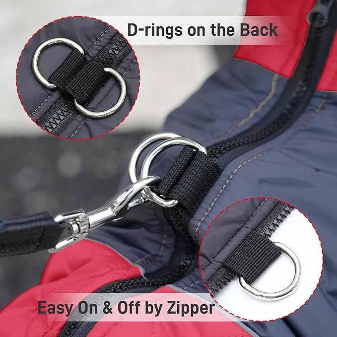 Warm Fleece Dog Coats for Large Dogs,D-Rings Waterproof Puppy Jacket for Cold Winter,Red XXL
