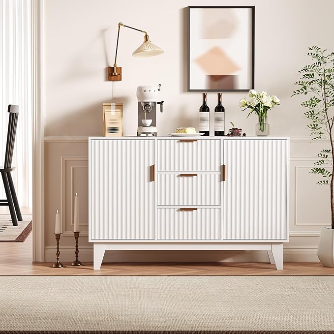 GarveeHome Fluted Buffet Storage Cabinet, 47.2 in Large Coffee Bar Kitchen Sideboard Cupboard with 3 Drawers 2 Doors for Living Room Entryway, White