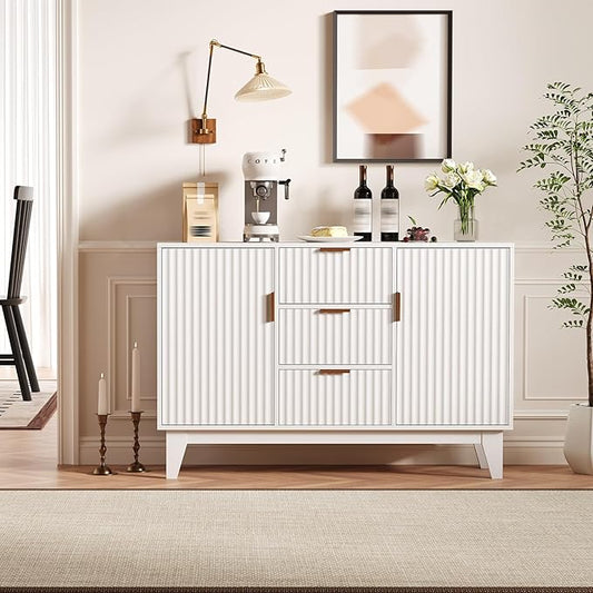 GarveeHome Fluted Buffet Storage Cabinet, 47.2 in Large Coffee Bar Kitchen Sideboard Cupboard with 3 Drawers 2 Doors for Living Room Entryway, White