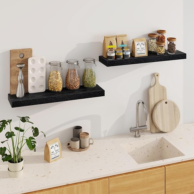 Fun Memories Floating Shelves for Wall, 32Inch Floating Shelves Set of 2, Hanging Shelf with Invisible Brackets, Wood Shelves for Living Room, Bedroom, Kitchen, Black