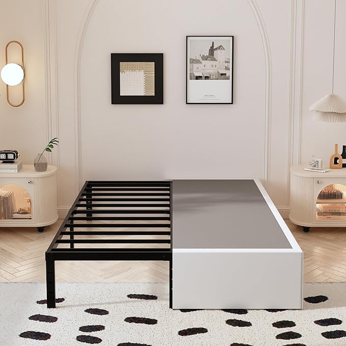 Cal King Bed Frame with White Fabric Cover, 14 Inch Heavy Duty Metal Platform Support Up to 3000 lbs with Steel Slats, No Box Spring Needed, Easy Assembly, Noise Free, Black