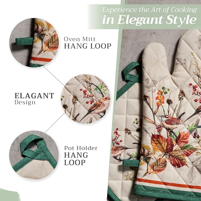 Maison d' Hermine 100% Cotton Oven Mitt & Pot Holder Set (7.5"x13" & 8"x8") Heat Resistant BBQ Cooking Gloves with Loop for Thanksgiving Christmas Decorations Handling Hot Pans (Recolte)