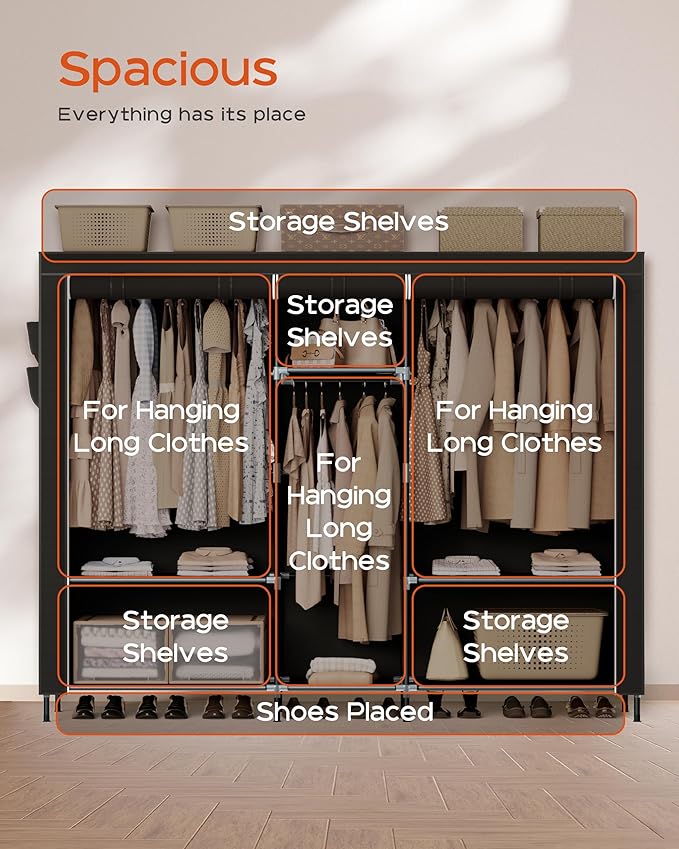 Portable Closet, 77.6 Inch Extra Large Capacity Wardrobe Closet with Cover, Clothes Storage Organizer with Shelves and 3 Hanging Rods, Easy to Assembly, Black PCT223B01