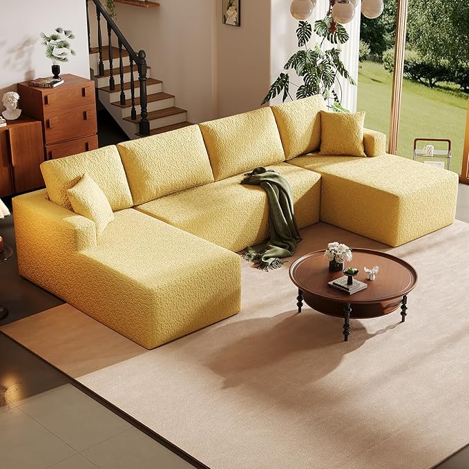 140" Modular U-Shaped Sectional Sofa, 7-Seater Cloud Couch with Double Chaise, Modern Sleeper Sofa,No Assembly Sectional Cloud Boneless Sofa Couches for Living Room/Apartment