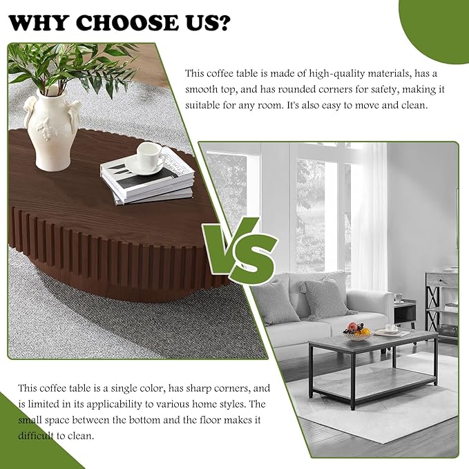 Oval Coffee Tables for Living Room 43.3" Olive-Shaped Fluted Coffee Table with Sturdy Pedestal Modern Wood Drum Coffee Table Contemporary Center Table for Farmhouse Apartment (Oval Walnut)