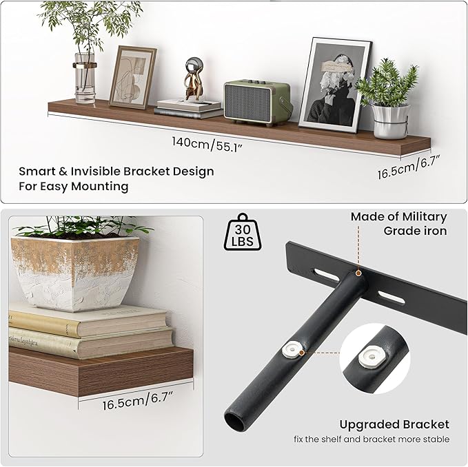 Heimlove 55 Inch Floating Shelves for Wall,Extra Long Mounted Storage Wall Shelves with Invisible Metal Bracket for Bedroom Living Room Kitchen Office Set of 2,Walnut Color