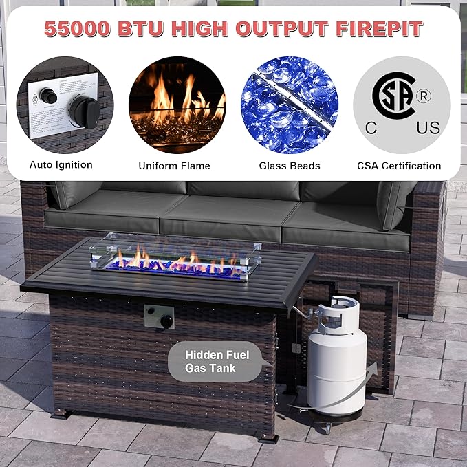 Kurapika 13 Pieces Patio Furniture Set, Rattan Wicker Outdoor Conversation Sets w/43in Propane Fire Pit Table, Swivel Rocking Chairs Patio Sectional Sofa w/4 Inch Cushion, Grey