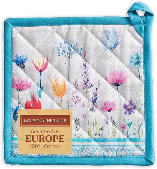 Maison d' Hermine Pot Holders 100% Cotton Heat Resistant Potholders 8" x 8" Hot Pads with Loop BBQ, Cooking, Baking, Grilling, Kitchen, Handling Hot Pans Spring/Summer (Pack of 1, Flower In The Field)