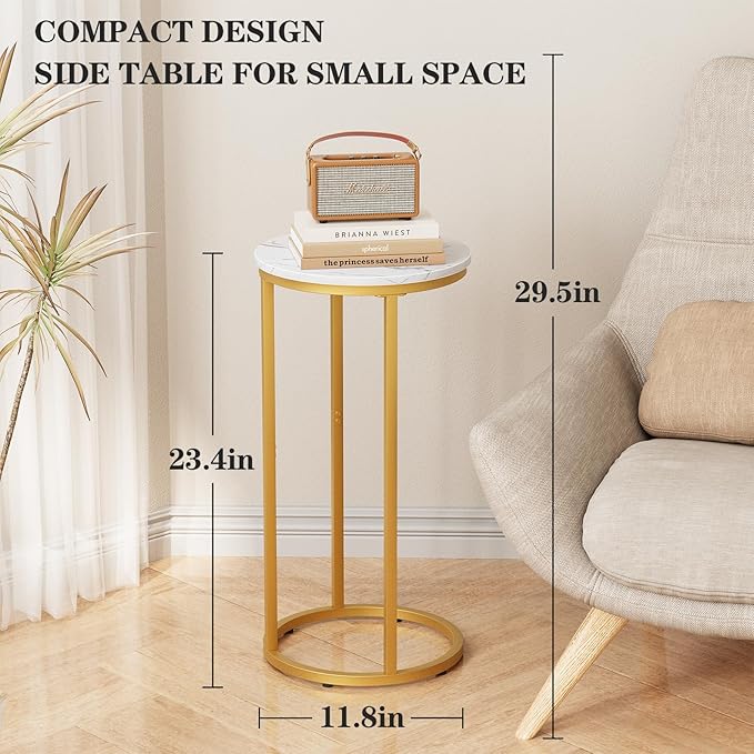 C Shaped end Table,Wood Round Side Table for Couch,Small Sofa Table with Metal Frame for Bedroom,Living Room,Bedside,Gold Color(11.81" D x 11.81" W x 23.62" H)