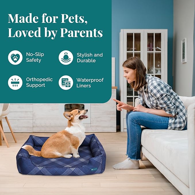 Orthopedic Bolster Dog Bed – CertiPUR-US Foam, Recycled Polyester Canvas, Washable Cover, Anti-Slip Bottom, Small, Navy Plaid – Stylish Designer Dog Sofa