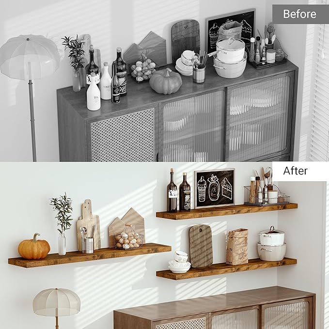 Vivelove 55 inches Long Floating Shelves for Wall, Extra Deeper & Thicker Storage Shelf for Living Room, Kitchen, Farmhouse,Wall Shelves with Invisible Brackets,Set of 1, Rustic Brown