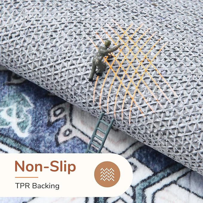 OPPODREAM Thin 10x14 Area Rugs, Washable Rugs 10x14 with Non Slip Backing, Low-Pile Faux Cashmere 10 x 14 Carpet, Navy Blue & Gold