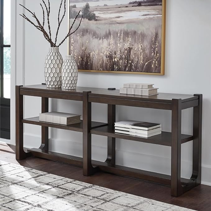 Signature Design by Ashley Breckington Modern Sofa Table with Adjustable Shelves, Dark Brown