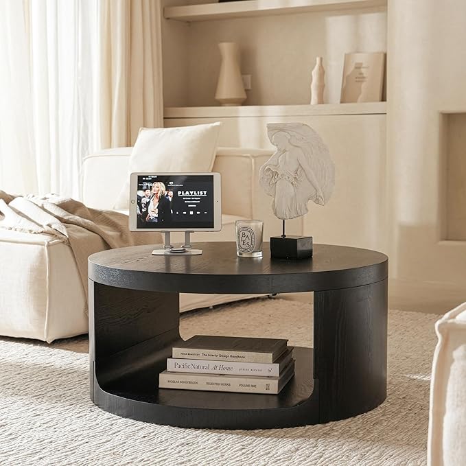 Round Coffee Table with Storage, 31.5" Modern Living Room Table, 2 Tier Circle Wood Center Tables for Apartment, Living Room, Open-Style Storage Black Coffee Tables, 31.5"*15.7"(Black)