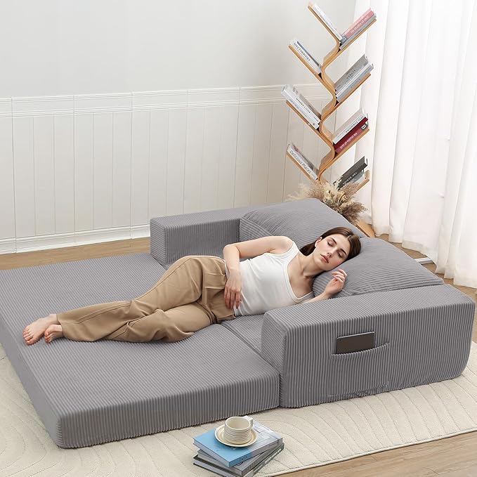 COMAX Convertible Sofa Bed Queen, Folding Fold Out Couch Bed, Floor Futon Couch Corduroy with Back Pillows, Boneless Sofa Comfy Lounge Sleeper Mattress Loveseat for Living Room Bedroom, Light Grey