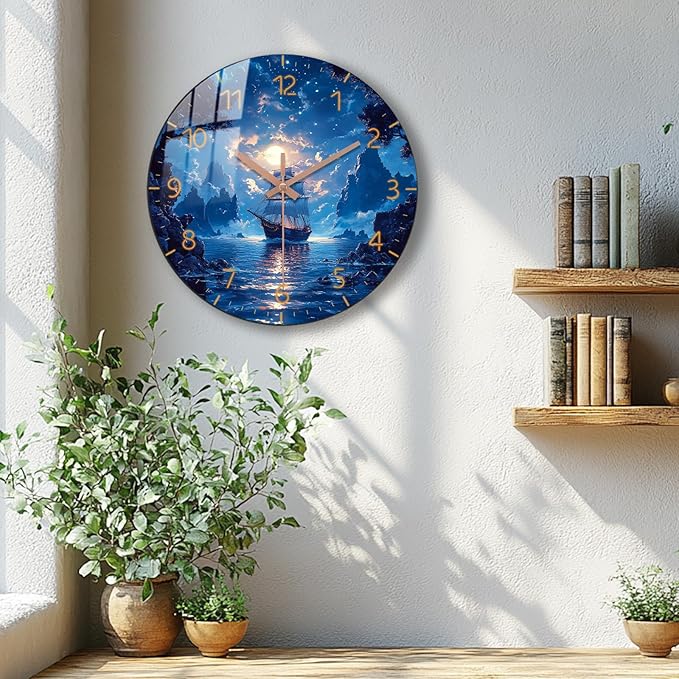Extra Large Coastal Wall-Clock Sailing Boat Decor 20 Inch Blue Wall Clock Round Wooden Silent Clocks for Living Room, Office Wall Battery Operated
