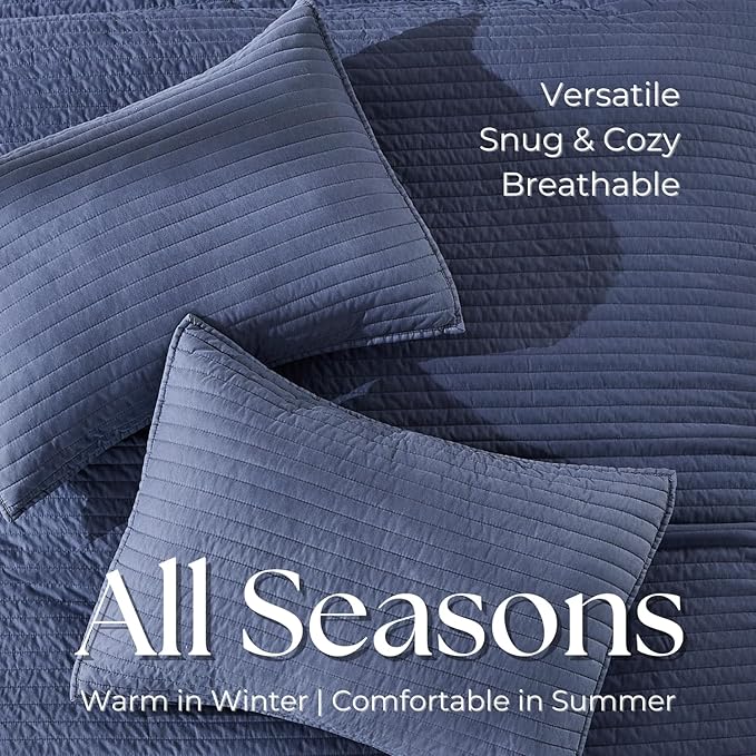 DOWN HOME King Quilt Bedding Set with Shams, Vintage Washed Soft Quilted Blanket Thin Comforter Lightweight Bedspread Coverlet Bed Cover, Brushed Microfiber Stripe Stitching, Vintage Denim, 104"x90"