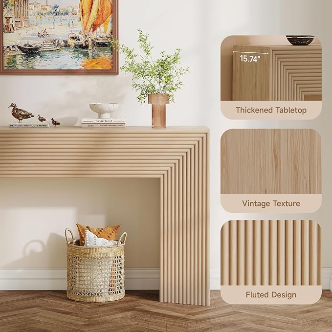 55-Inch Wood Entryway Table with Storage, Narrow Long Sofa Table Behind Couch, Fluted Console Table for Entryway, Hallway, Living Room, Accent Table for Decoration and Organization, Natural Wood