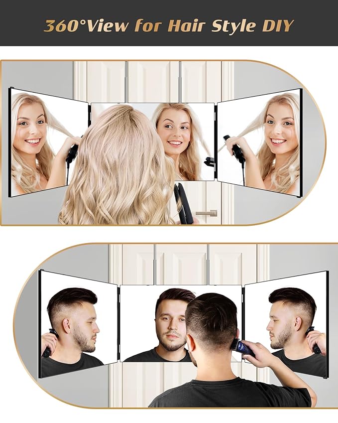JUSRON 360 Viewing Angle Self Hair Cutting Mirror, Clear Anti-Fog HD Glass (Black Without LED with Accessories)