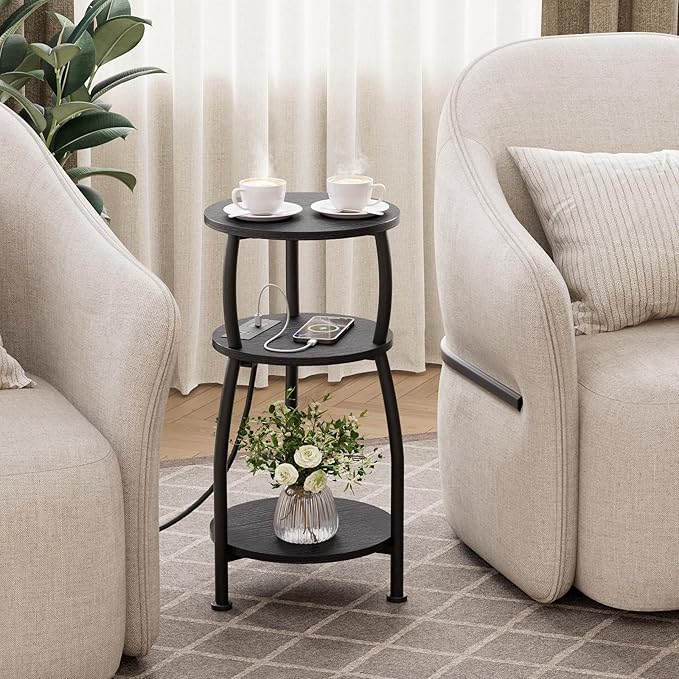 Round Side Table with Power Outlet & USB Ports, 3-Tier End Table with Storage Shelf, Modern Rustic Nightstand, Small Spaces Accent Table for Living Room Bedroom, Easy Assembly, Black