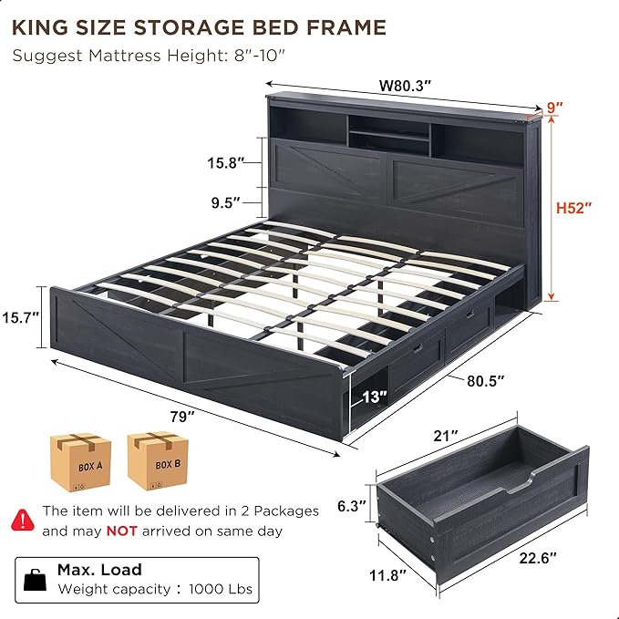 ACCOHOHO King Bed Frame Farmhouse with 52" Storage Bookcase Headboard, 4 Drawers Wooden Bed Frame, LED Light, Charging Station - Black