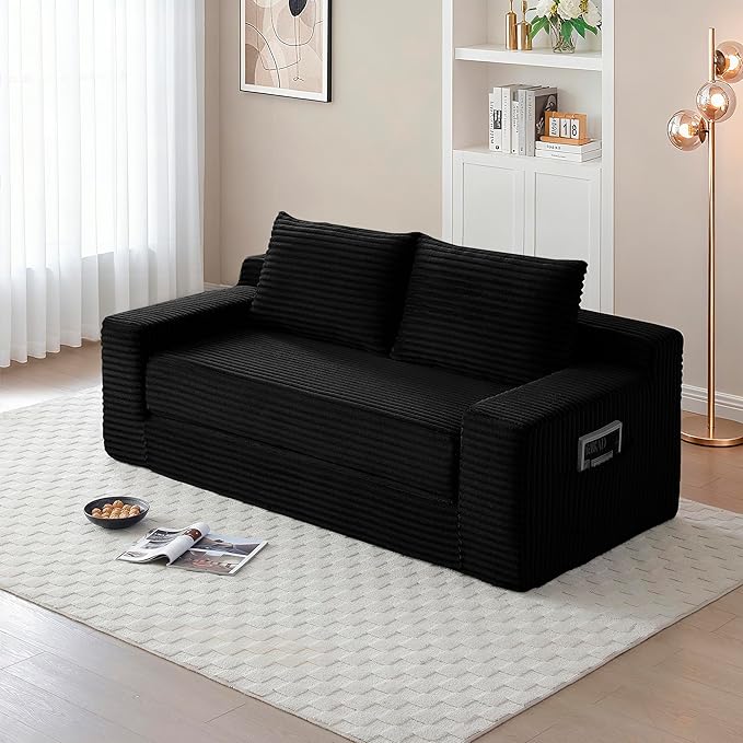 73" Cloud Loveseat Sofa Couch in a Box, 2 Seater Boneless Couch, Convertible Pull Out Sofa Bed with Pillows, No Assembly, Memory Foam, Modern Small Couches for Small Spaces (A-Black)