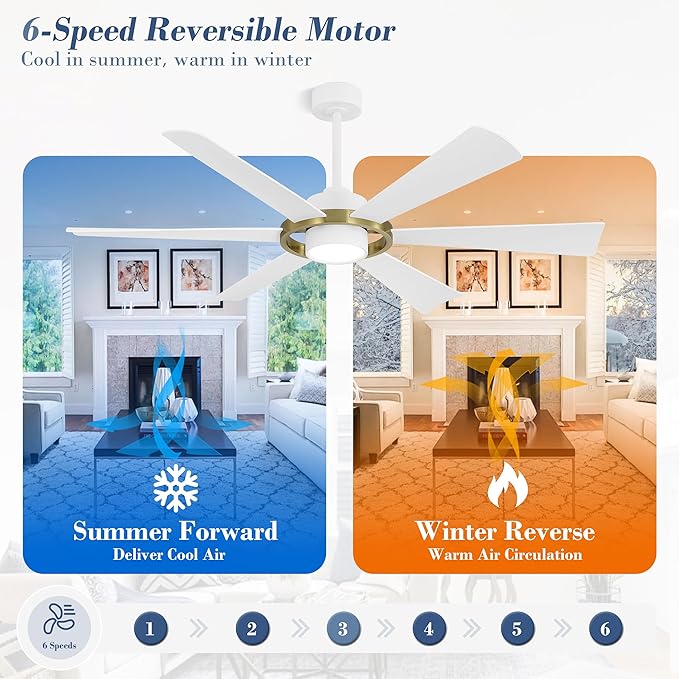 ELEHINSER 60" Ceiling Fan with Lights - 6 ABS Plastic Blades, 3 Downrods, 6-Speed Reversible DC Motor, 3CCT, Windmill Ceiling Fan for Kitchen Bedroom Living Room, White and Brass
