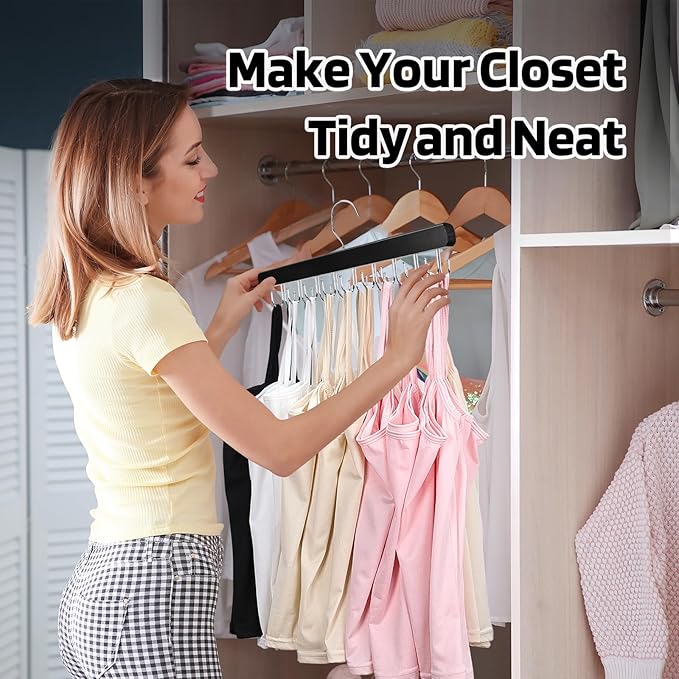 2 Pack Bra Hanger for Closet Organizer, Premium Wooden Tank Top Hangers with 36 Foldable Hooks, 360° Rotating Design, Space Saving Storage for Tank Tops, Bras, Scarves and More, Black