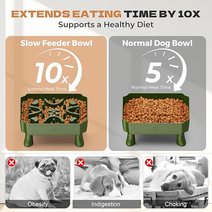 UPSKY Slow Feeder Dog Bowl, 2-in-1 Raised Dog Bowl with Anti-Choking Maze Puzzle, 2-6 Cups Pet Food for Small & Medium Breeds, Interactive Pet Feeder to Slow Eating, Reduce Boredom Deep Green
