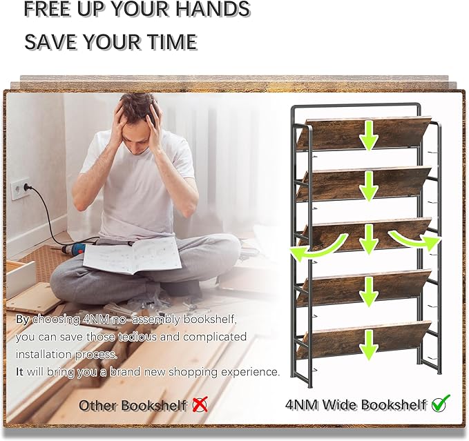 4NM No Assembly Extra Wide 5 Tiers Folding Bookshelf Storage Shelves Vintage Bookcase Standing Racks Study Organizer Home Office (Rustic Brown Black)