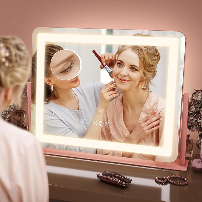 FENNIO Vanity Mirror with Lights 22''x17'' Makeup Mirror,Vanity Mirror Touch Screen with 3-Color Lighting,Dimmable,for Vanity Desk Tabletop（Pink）