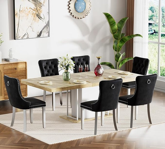 Goujxcy 78.7" Farmhouse Extendable Dining Room Table Set for 6, 7-Piece Rectangle Kitchen Dining Room Table Set with Wood Base and 6 Black Velvet Dining Chairs, Extending Kitchen & Dining Table Set