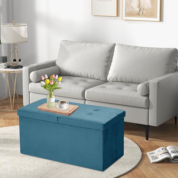 CAROLMADE 30 Inches Storage Ottoman Bench with Flipping Lid, Velvet Foldable Storage Footrest, Ottoman with Storage for Living Room Holds up to 330lbs, Teal