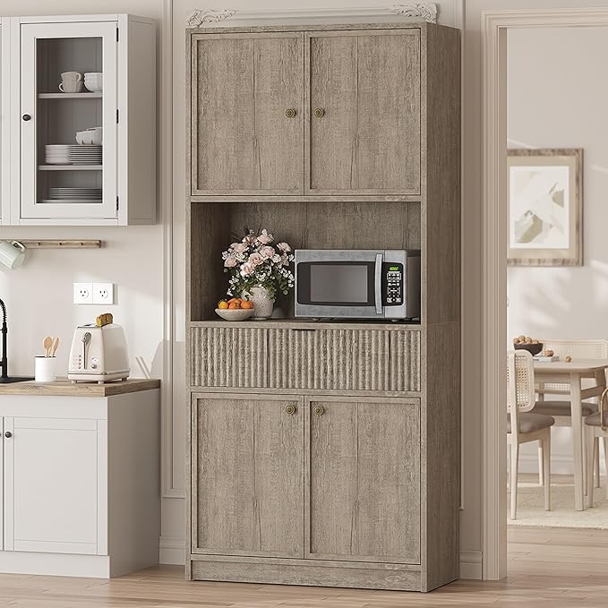 Garvee Tall Kitchen Pantry Cabinet, 70" Pantry Storage Cabinet with Countertop, Fluted Kitchen Hutch Cabinets with Doors and Drawer, Freestanding Cupboard for Dining Room, Living Room, Gray