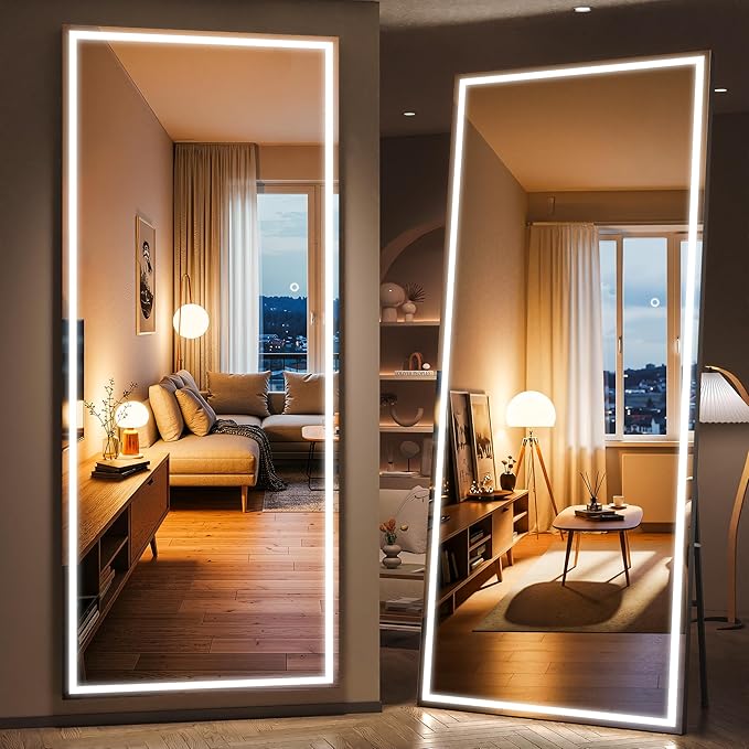 Full Length Mirror with Lights, 83" x 36" Large LED Lighted Floor Standing Body Mirror, Dimmable & 3 Color Lighting for Bedroom, Cloakroom, Dressing Room, Leaning & Hanging, Square Black