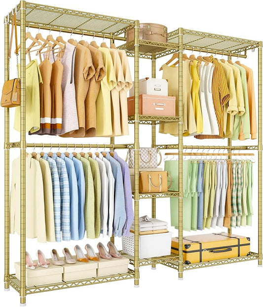 Ulif E4 Clothes Rack, Heavy-Duty Garment Rack, Metal Freestanding Clothing Organization Storage System Can Be L-Shaped with Shelves and Hangers, Max Load 962lbs, 71.6" W x 14.5" D x 79.3" H, Gold