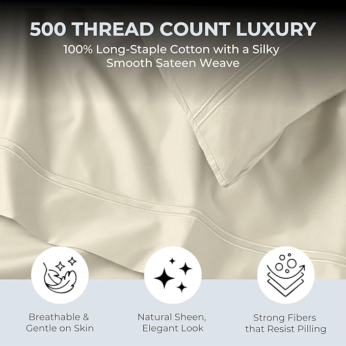 100% Natural Cotton Sheets Queen Size Bed Set | 500 TC Single-Ply Sateen Weave | Breathable & Hypoallergenic Solid 4-Piece Bedding with Deep Pocket Fitted, Flat, Pillowcase | Cream Beige