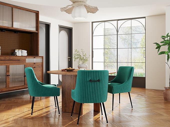 Velvet Dining Chairs Set of 8,Dark Green Upholstered Living Room Chairs with Black Metal Legs, Modern Tufted Accent Chairs for Living Room, Study Room, Kitchen