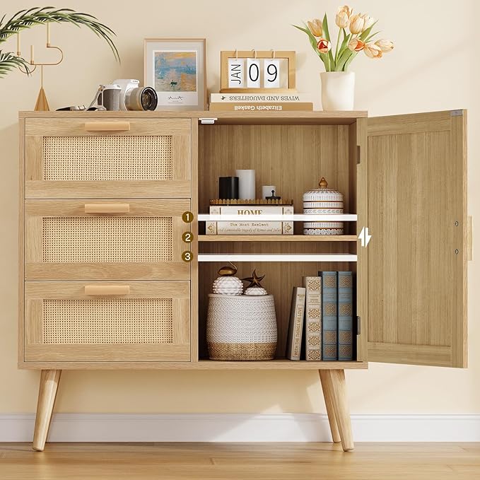 Iwell Storage Cabinet with 3 Drawers, Rattan Cabinet with Adjustable Shelf, Small Storage Cabinets, for Living Room, Entryway, Natural